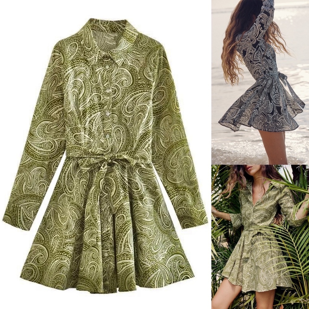 NWT Zara green & white paisley print belted mini dress - collard button front - Picture 1 of 7